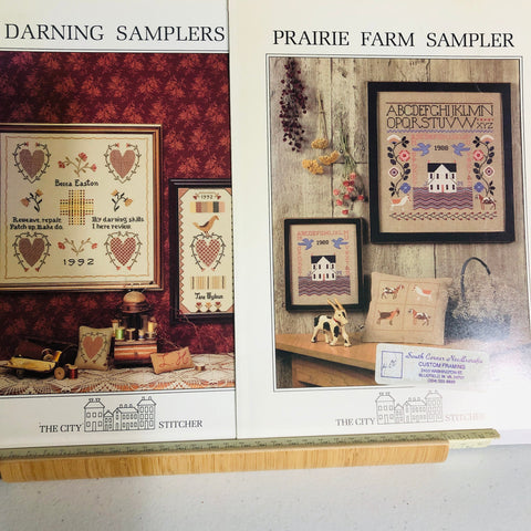 The City Stitcher, Set of 2, Prairie Farm, and Darning Samplers, Vintage 1988,1992, Counted Cross Stitch Charts*