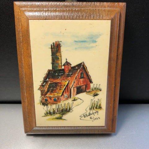 Red Barn, Wooden Plaque, Vintage 1973, Collectible Wallhanging, 2 by 3 Inches