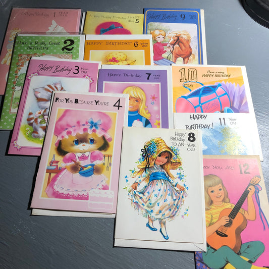 Amazing Set Of 12 Girl Age 1 Through 12, Vintage Birthday Cards