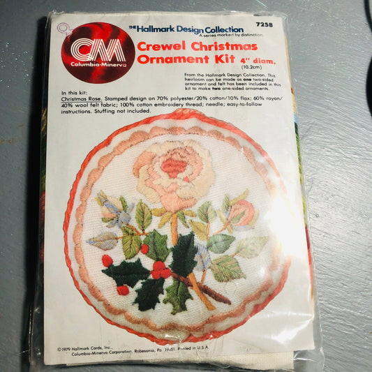 Columbia-Minerva, Christmas Rose,Vintage 1979,  Crewel Christmas Ornament Kit, 4 Inch Diameter
