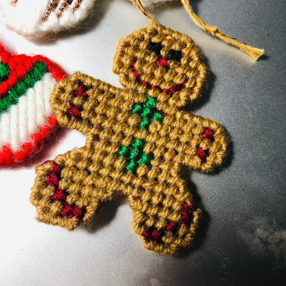 Stocking, Snowflake, and Gingerbread Man, Set of 3, Vintage, Plastic Canvas ,Ornaments