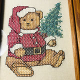 Teddy Bear in Santa Suit Holding Christmas Tree, Vintage, Cross Stitch Picture* *Finished and Framed