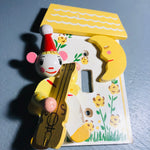 Mouse w/ Hat Playing a Guitar Under the Moon, Vintage Wooden Light Switch,