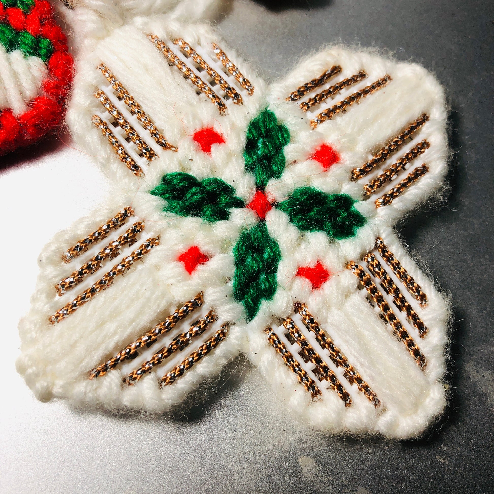 Stocking, Snowflake, and Gingerbread Man, Set of 3, Vintage, Plastic Canvas ,Ornaments