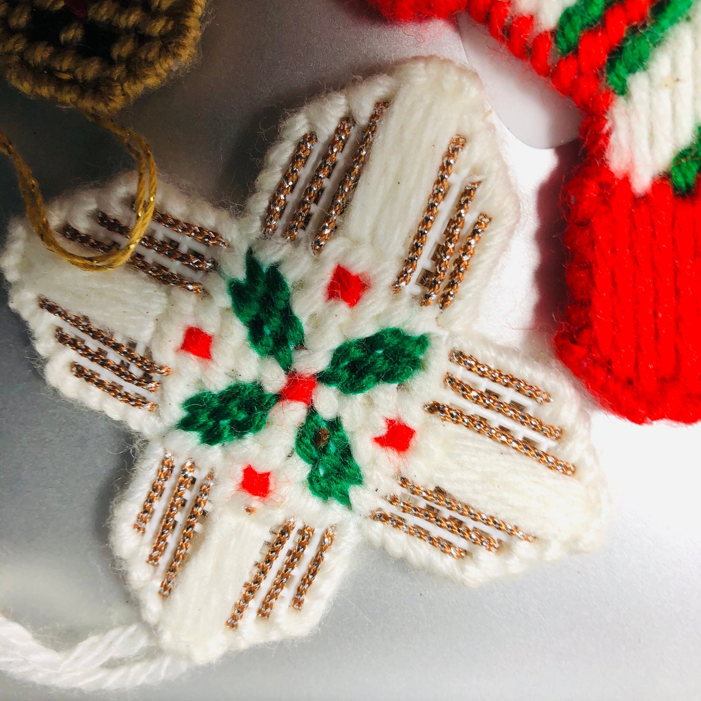 Stocking, Snowflake, and Gingerbread Man, Set of 3, Vintage, Plastic Canvas ,Ornaments