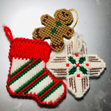 Stocking, Snowflake, and Gingerbread Man, Set of 3, Vintage, Plastic Canvas ,Ornaments