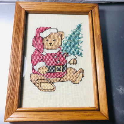 Teddy Bear in Santa Suit Holding Christmas Tree, Vintage, Cross Stitch Picture* *Finished and Framed