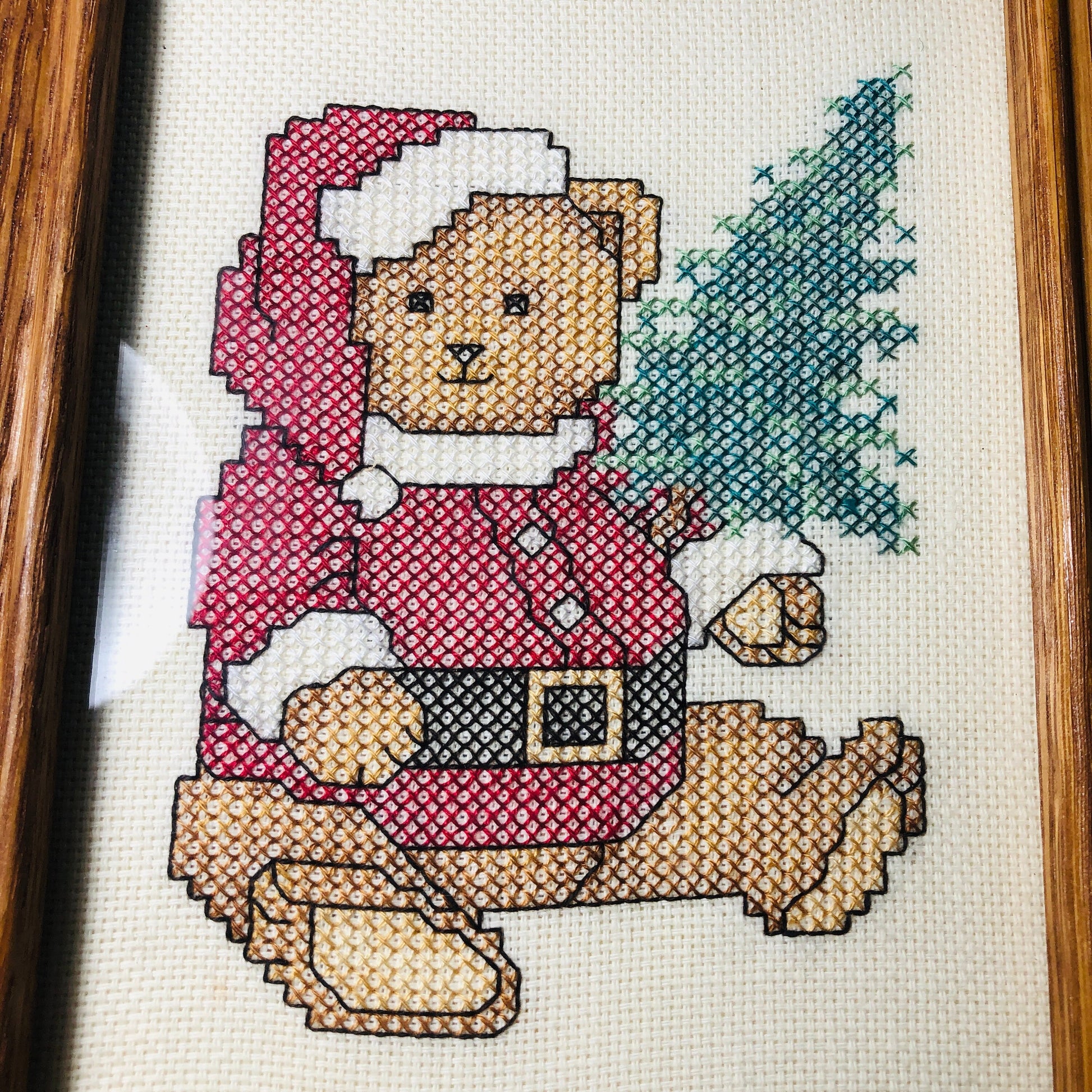 Teddy Bear in Santa Suit Holding Christmas Tree, Vintage, Cross Stitch Picture* *Finished and Framed