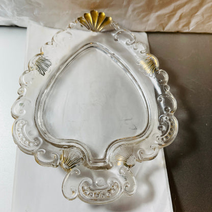 Glass Heart Pin Dish clear with Gold Accents, Vintage Collectible