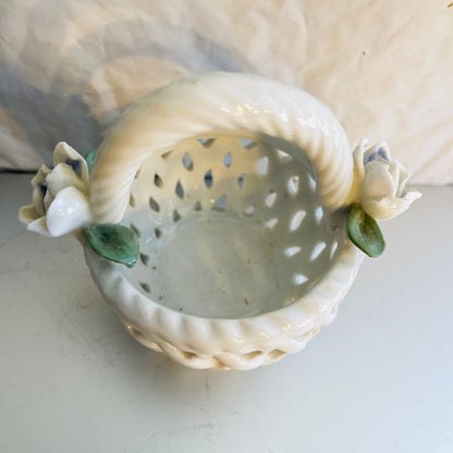 Flower Basket, White Roses with Green Leaves, Miniature, Porcelain, Vintage Collectible