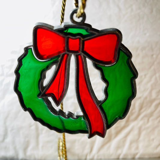Stained Glass Look, Christmas Wreath with Bow, Metal/Acrylic, Ornament
