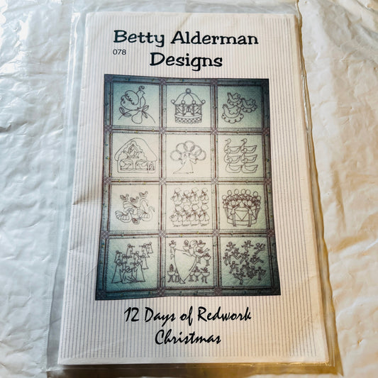 Betty Alderman Designs, 12 Days of Redwork Christmas, Vintage 2001, Embroidery Chart
