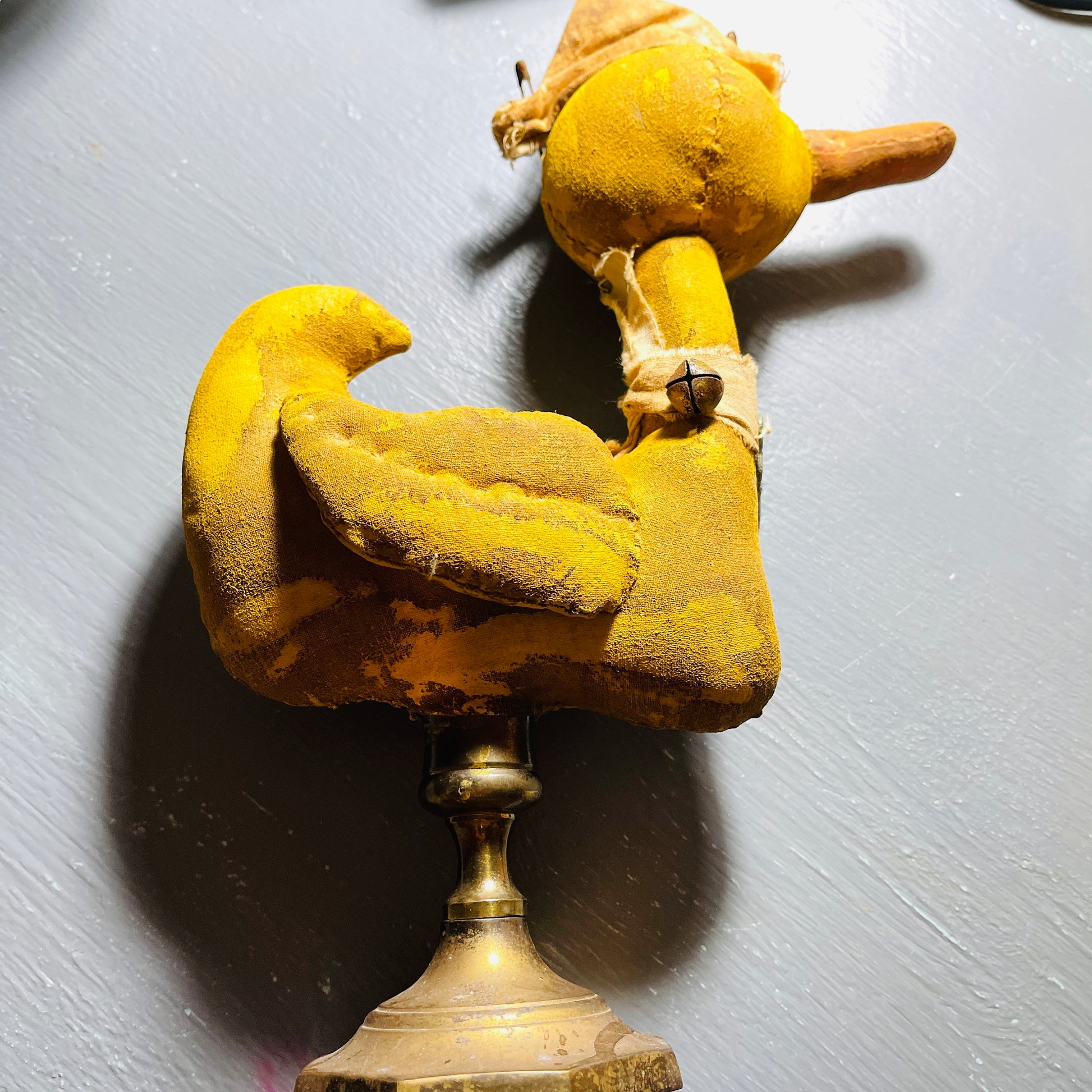 Unique, Plush Duck In a, Captains Cap, with Brass Bells & Metal Key Necklace, On a Brass Stand