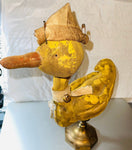 Unique, Plush Duck In a, Captains Cap, with Brass Bells & Metal Key Necklace, On a Brass Stand