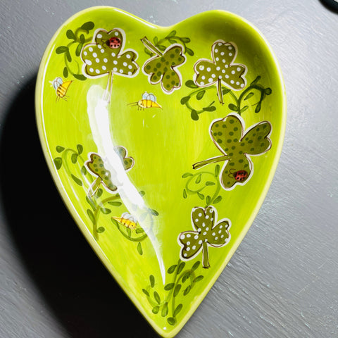 Gates Wear, Shamrock and Bee, Heart Shaped, Trinket Dish, Designed In California, Vintage Porcelain Collectible
