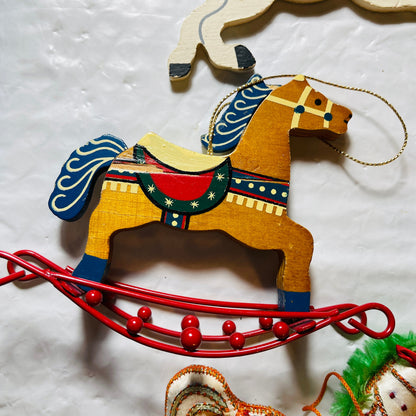 Rocking Horse, Set of 4, Wood, Metal and Fabric, Ornaments