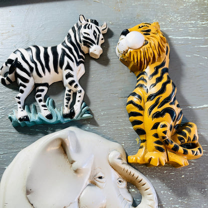 Burwood, Zoo Animal Set of 4, Giraffe, Elephant, Tiger & Zebra, Vintage Plastic Molded, Wall Hangings