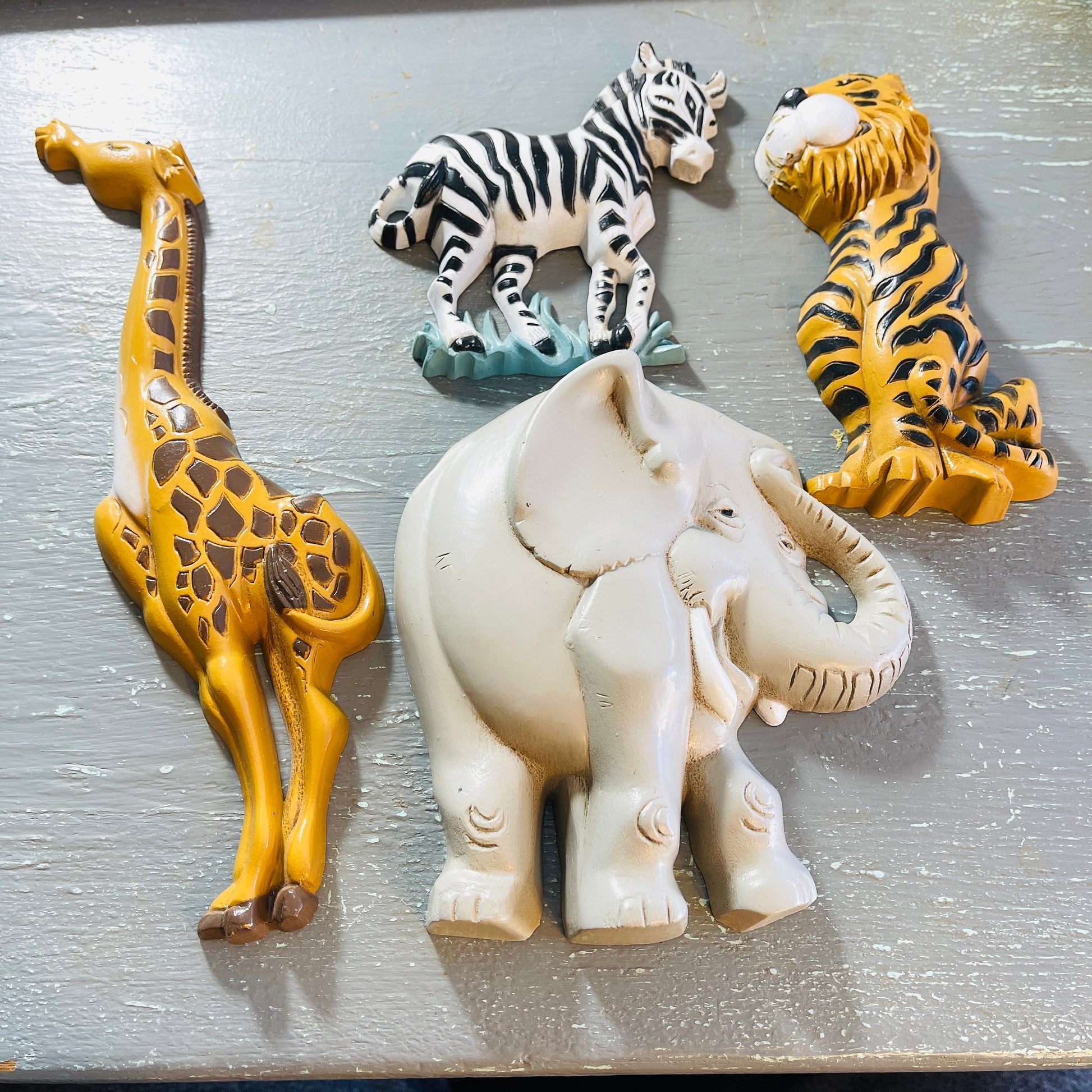 Burwood, Zoo Animal Set of 4, Giraffe, Elephant, Tiger & Zebra, Vintage Plastic Molded, Wall Hangings