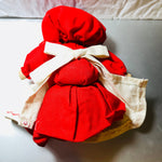 Wooden Headed,  Country Doll In Red Dress, Apron and Bonnet, Vintage Collectible