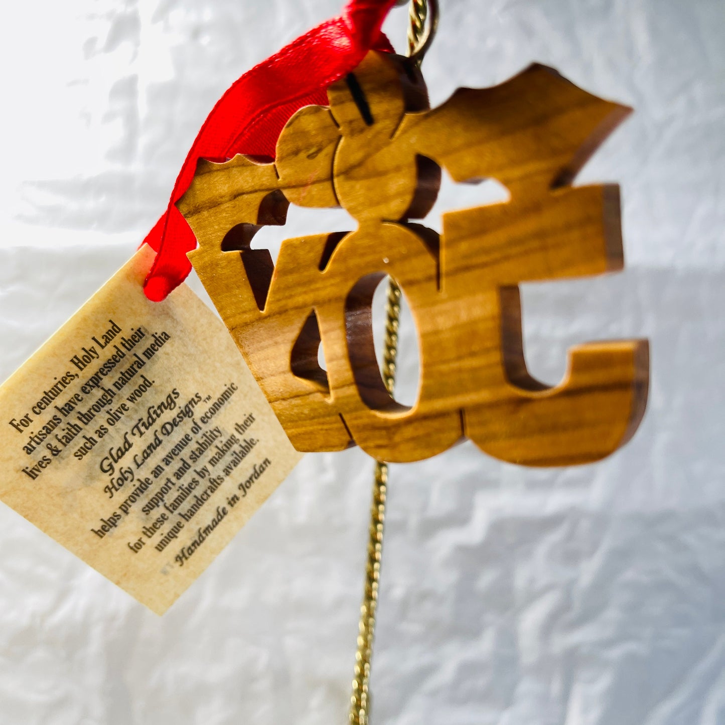 Holy Land Designs, Glad Tidings, Joy with Holly, Carved Wood Ornament, Handmade In Jordan