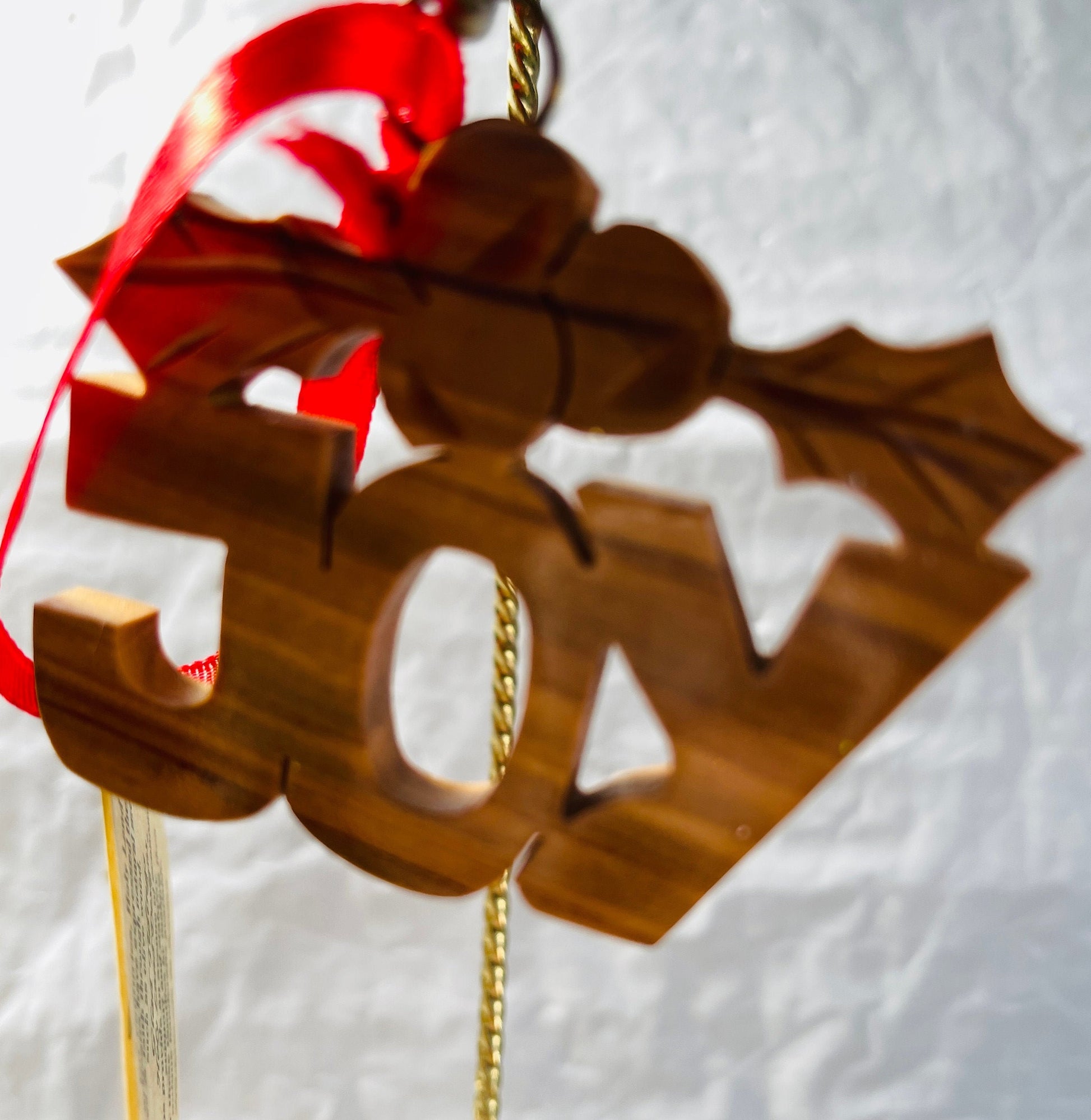 Holy Land Designs, Glad Tidings, Joy with Holly, Carved Wood Ornament, Handmade In Jordan
