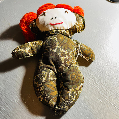 Primitive Handmade Floral Print Doll with Red Yarn Hair, Vintage Collectible