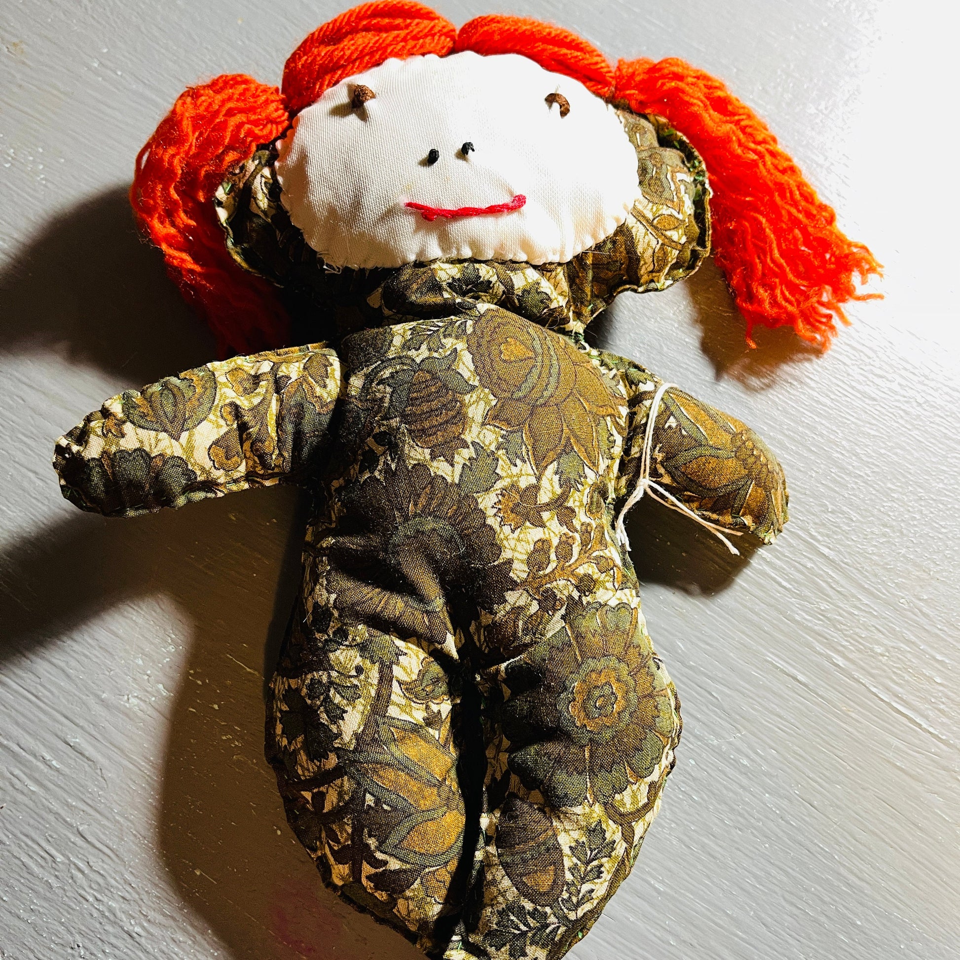 Primitive Handmade Floral Print Doll with Red Yarn Hair, Vintage Collectible