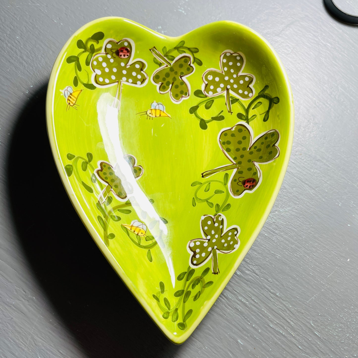 Gates Wear, Shamrock and Bee, Heart Shaped, Trinket Dish, Designed In California, Vintage Porcelain Collectible