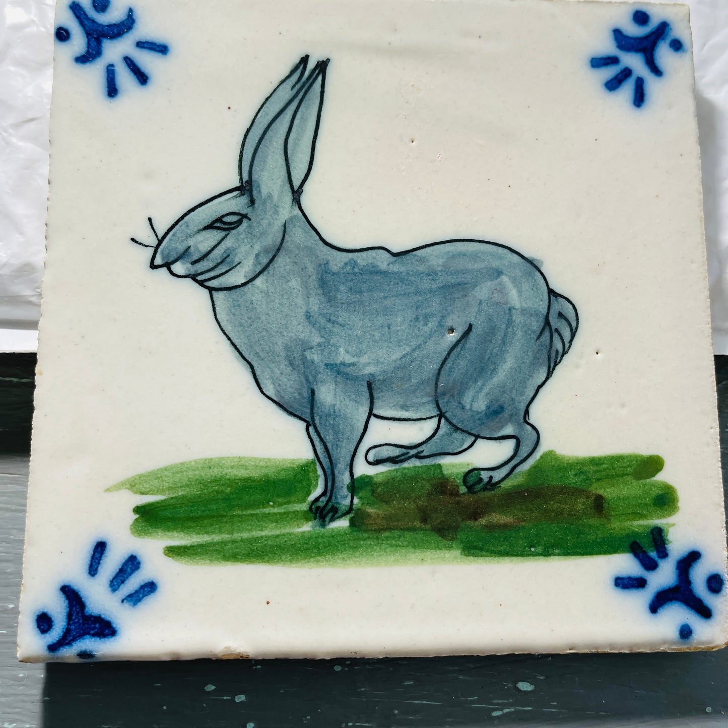 Painted Bunny, Made In Portugal, Tile Trivet, Vintage Collectible