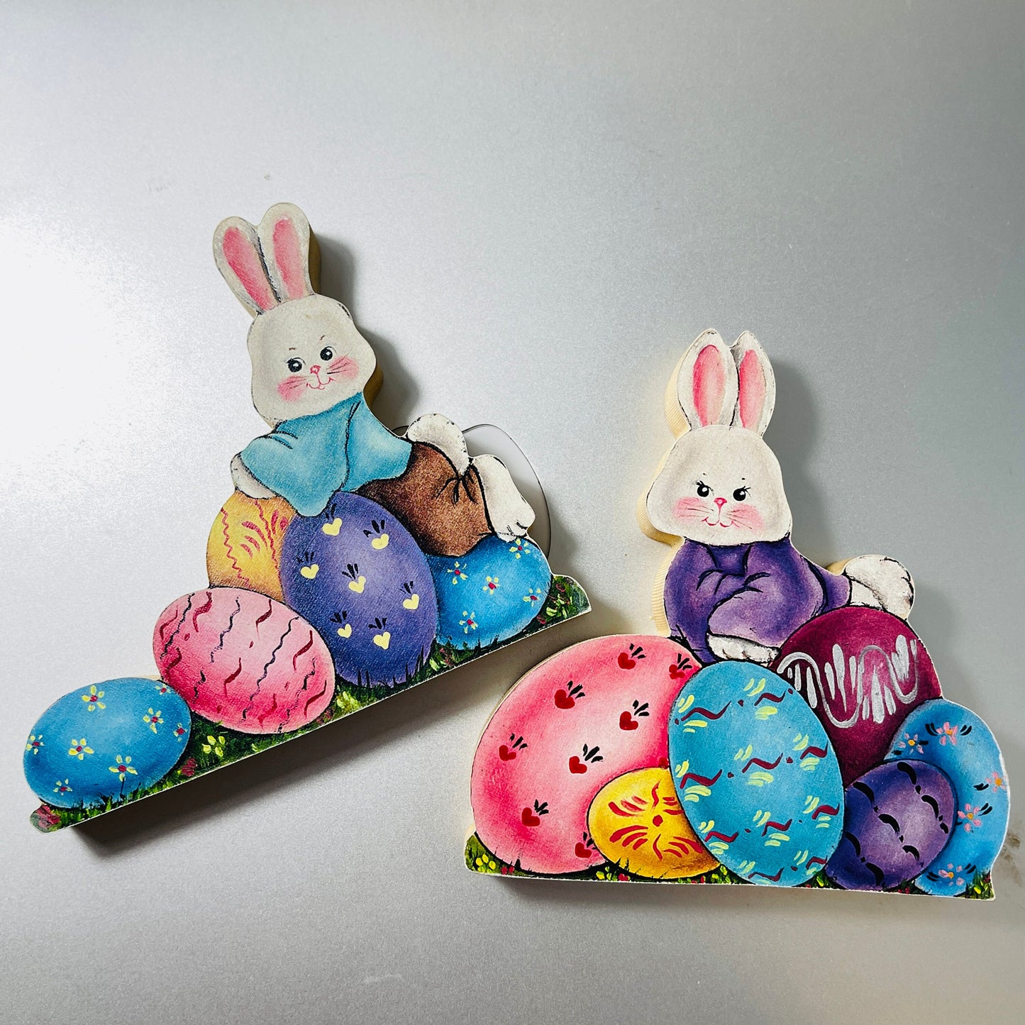 Bunnies with Colorfully Decorated Eggs, Set of 2 Wooden Cutout, 3.5 Inch Tall, Figurines, Vintage Collectibles