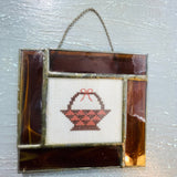 Wicker Basket, Cross Stitch Picture, Set In Stained Glass, Vintage Collectible Ornament/Suncatcher