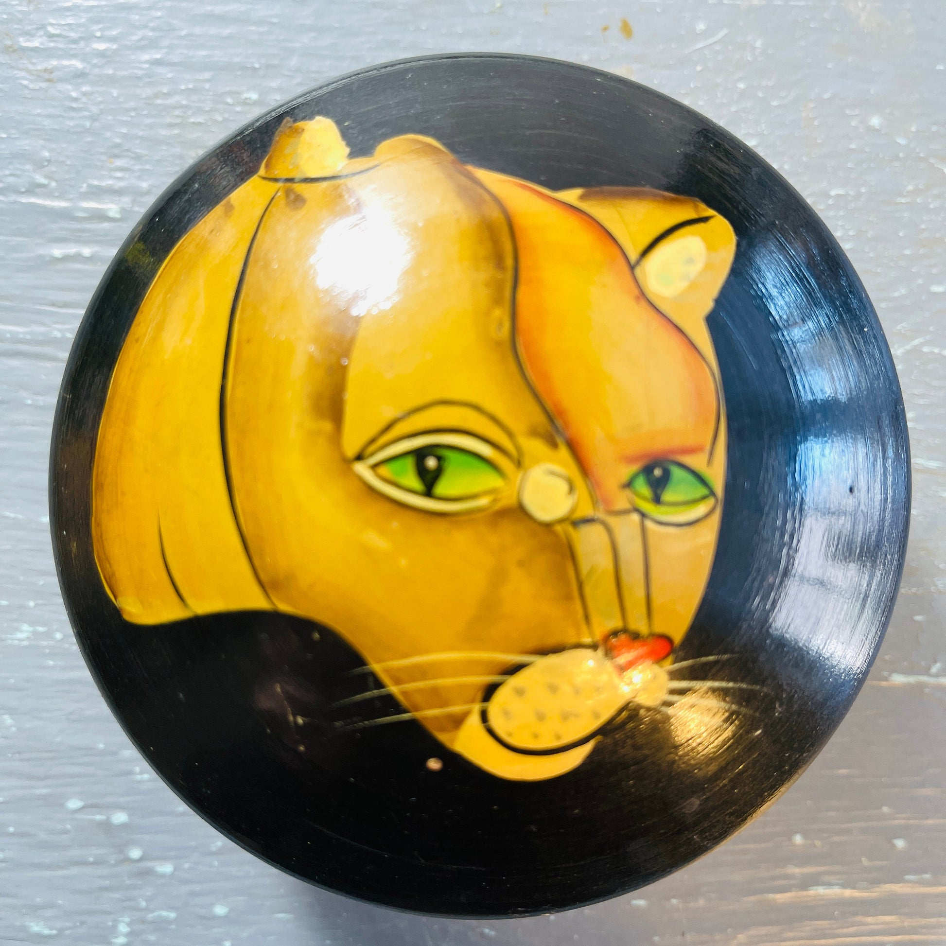 Wildcat, Round Painted Wooden Trinket Box