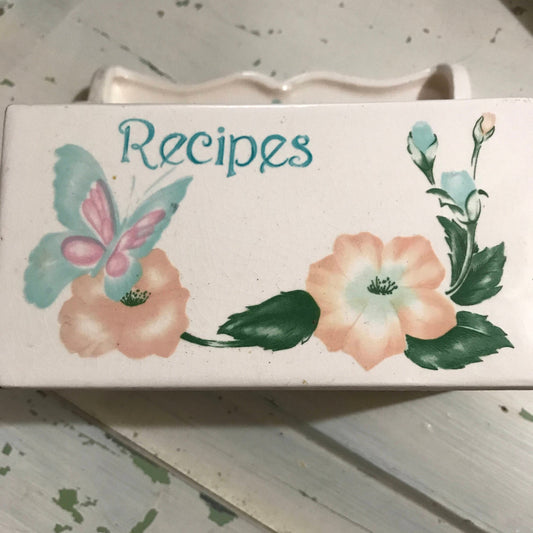 Floral, Butterfly, Porcelain Recipe Box, Vintage 1970s, Kitchen Collectible