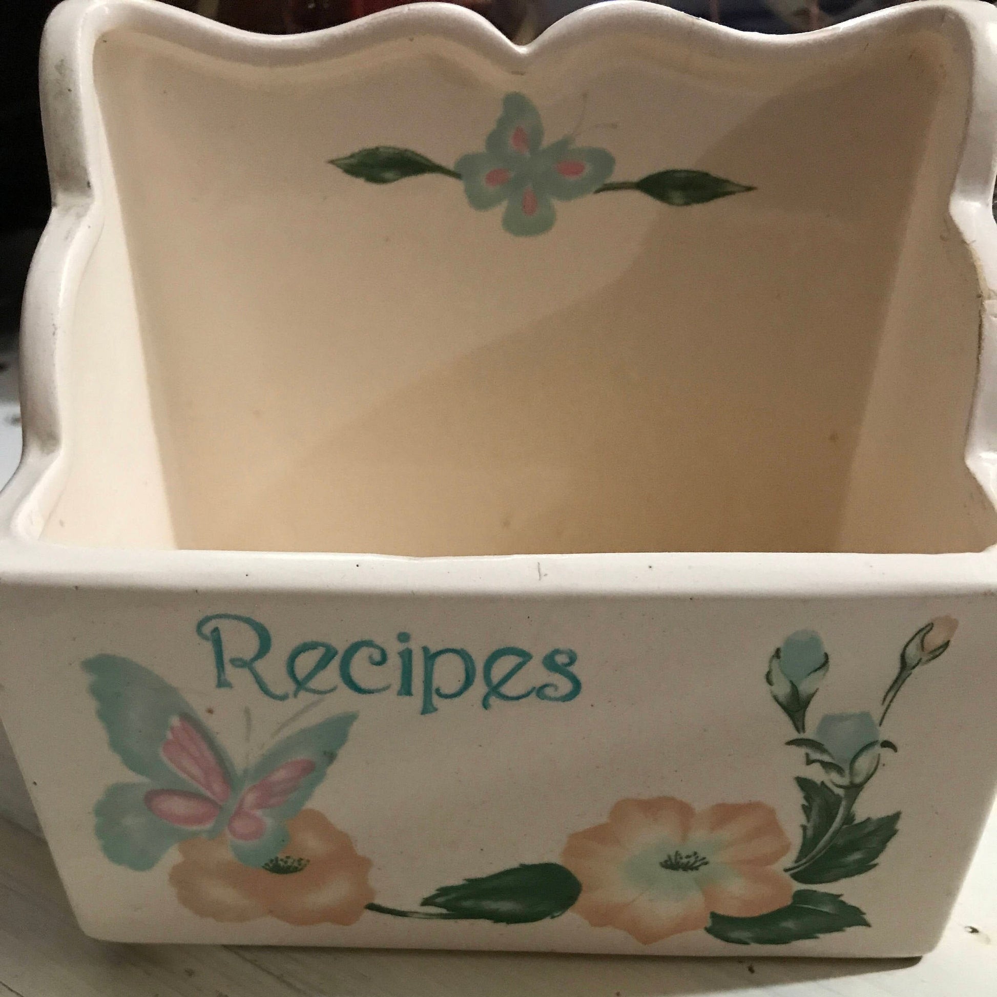 Floral, Butterfly, Porcelain Recipe Box, Vintage 1970s, Kitchen Collectible