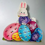 Bunnies with Colorfully Decorated Eggs, Set of 2 Wooden Cutout, 3.5 Inch Tall, Figurines, Vintage Collectibles