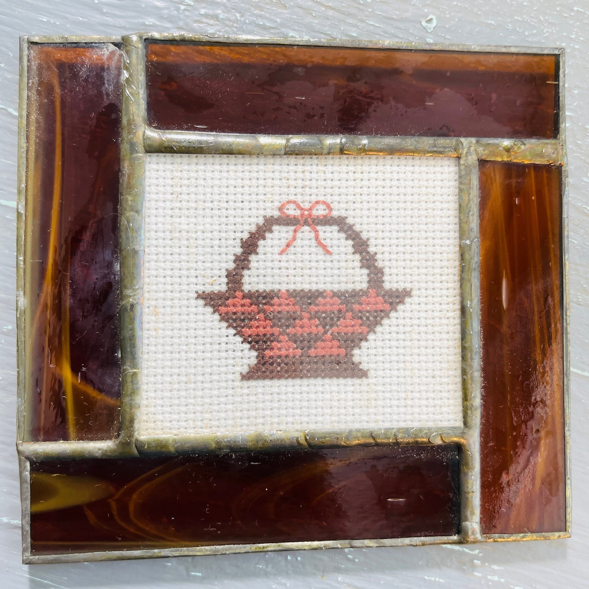 Wicker Basket, Cross Stitch Picture, Set In Stained Glass, Vintage Collectible Ornament/Suncatcher