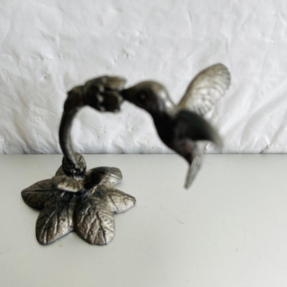 Pewter Hummingbird, with beak in a flower, Vintage collectible figurine