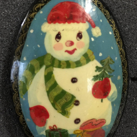 Snowman wooden pin, vintage, handmade and painted In Russia by Matryoshka doll artist