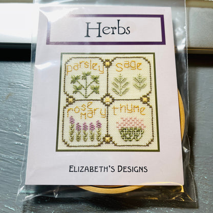 Elizabeth Designs, Herbs Design with 4 inch wooden hoop included Counted Cross Stitch Chart