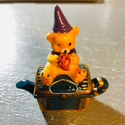 Bear Wearing a Party Hat, Sitting On a Treasure Chest Teapot, January, Vintage Ring/Trinket Box