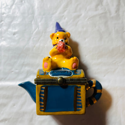 Bear Wearing a Party Hat, Sitting On a Treasure Chest Teapot, January, Vintage Ring/Trinket Box