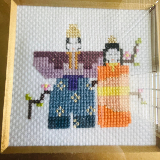 Oriental couple, finished counted cross stitch project, with gold mat and nice solid wood frame