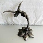Pewter Hummingbird, with beak in a flower, Vintage collectible figurine