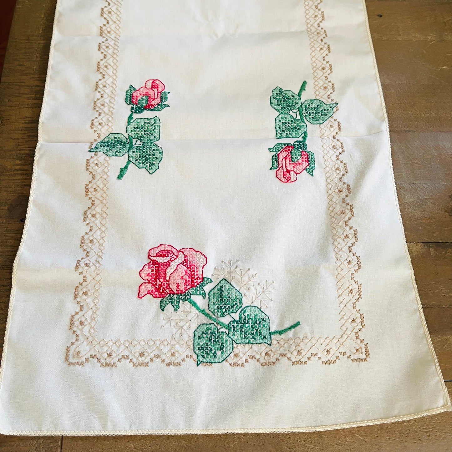 Choice of very nice vintage cross stitched floral table runners, see variations*