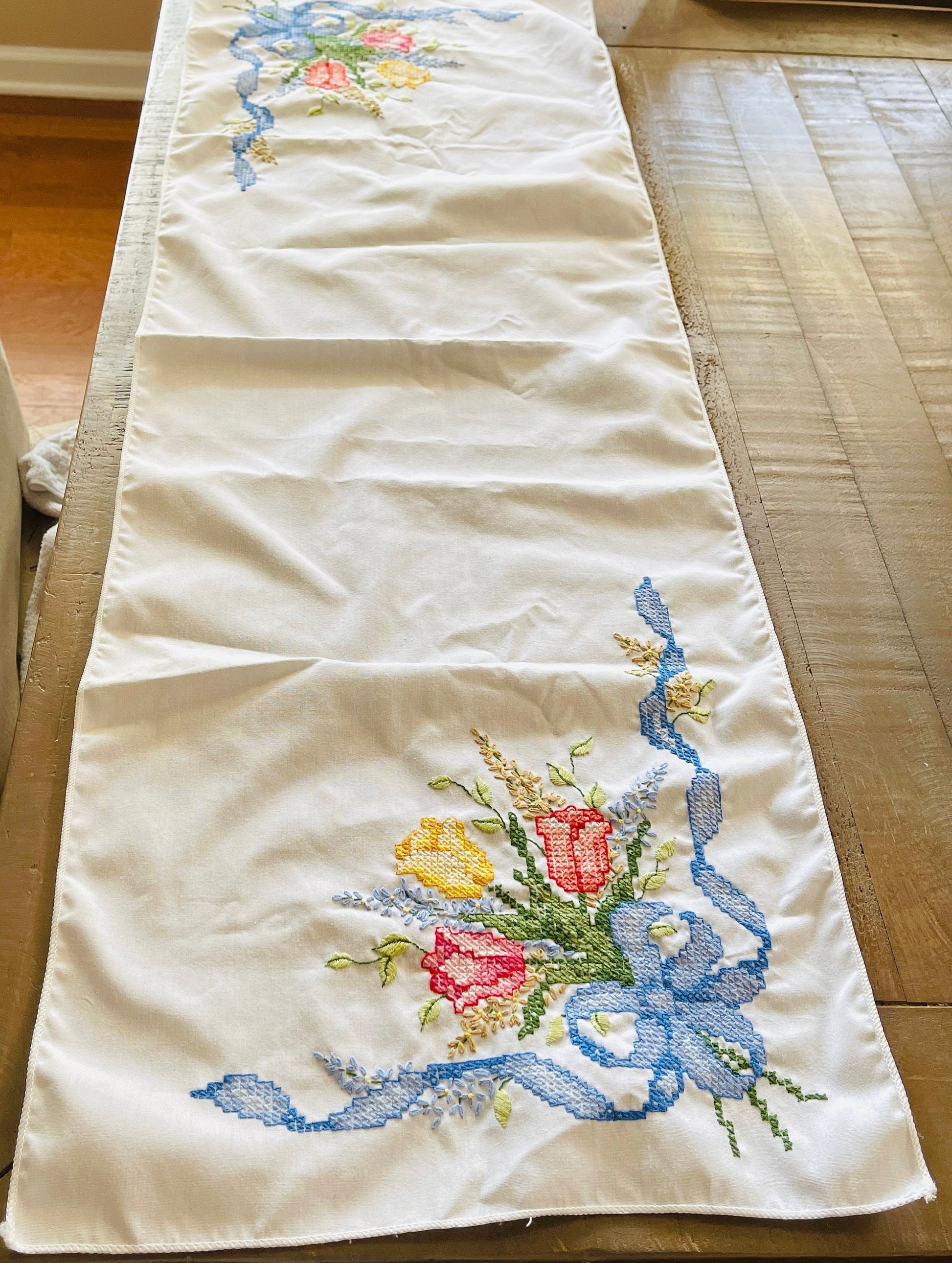 Choice of very nice vintage cross stitched floral table runners, see variations*