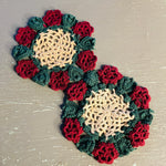 Dollies, Pair of Hand Crocheted, Vintage 4 Inch Round Burgundy, Green and White Collectible, Finished Decorations