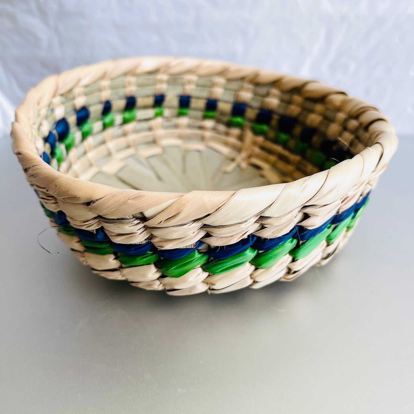 Pretty little round woven Basket, 6 by 2 inches, vintage collectible