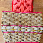 Pretty woven red, white, brown, and natural rattan, vintage sewing basket*