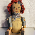 Raggedy Ann Style Doll with Paper Mache Body and Wooden Arms and Legs, Shelf Sitter Vintage Decorative Collectible
