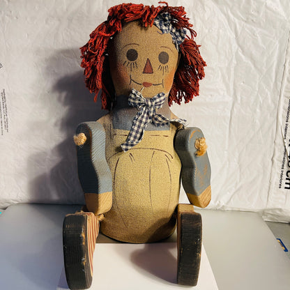 Raggedy Ann Style Doll with Paper Mache Body and Wooden Arms and Legs, Shelf Sitter Vintage Decorative Collectible